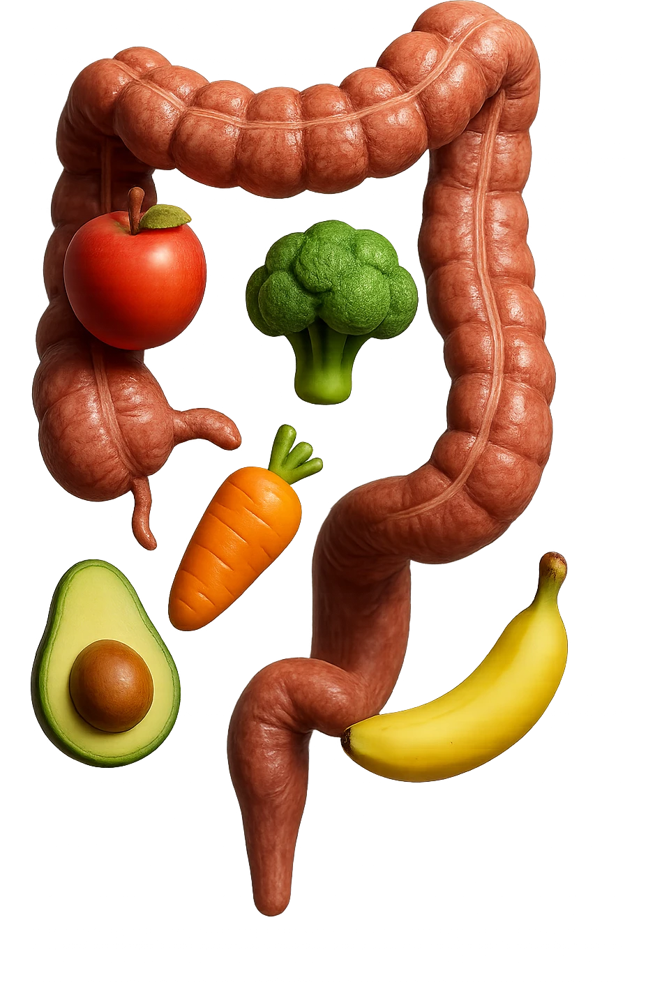 emoji stile iphone in 3d di cibo sano che fluttua in aria vericalmente insieme ùa pezzi di colon umano anatomico, iperrealistico 4k emoji