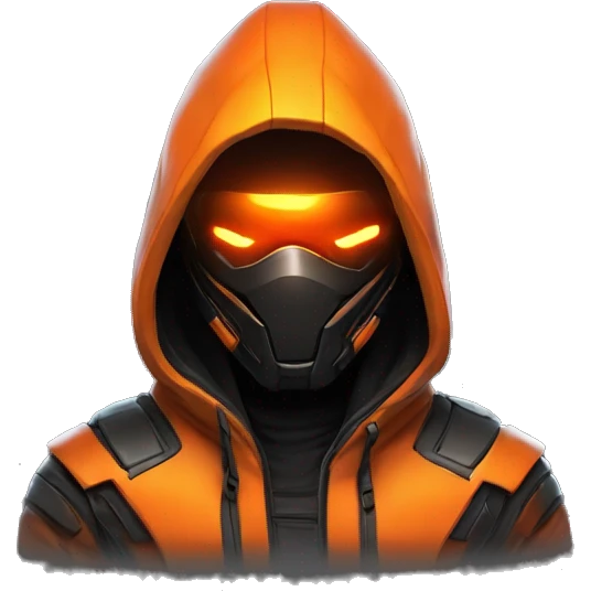  developer behind his laptop with this style : crysis Cyberpunk Valorant orange glowing bright orange character orange black hooded assassin themed character emoji