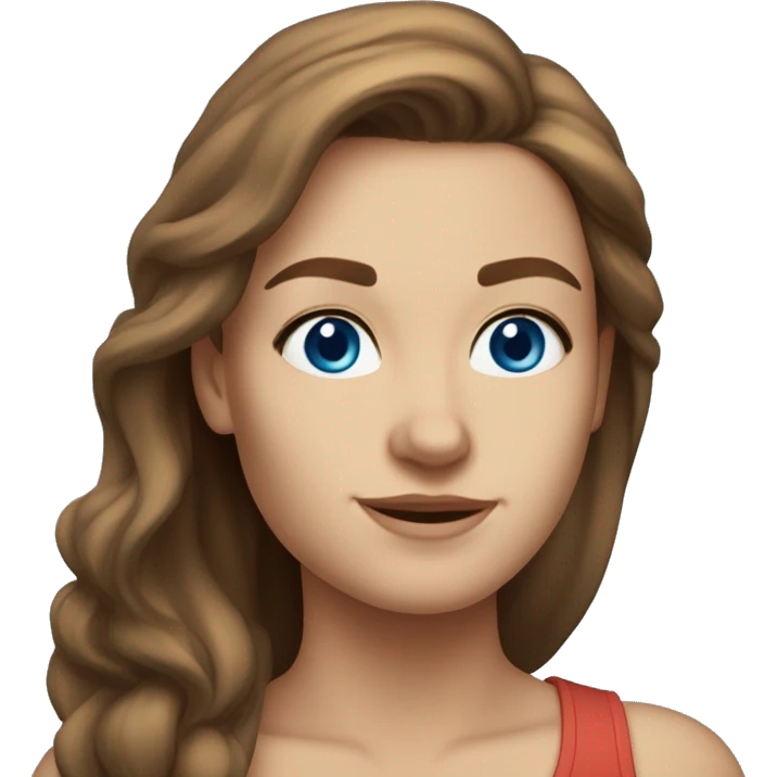A head and shoulders shot of a 32 year old Caucasian woman, with long brown hair,   with blue eyes wearing a t-shirt. emoji