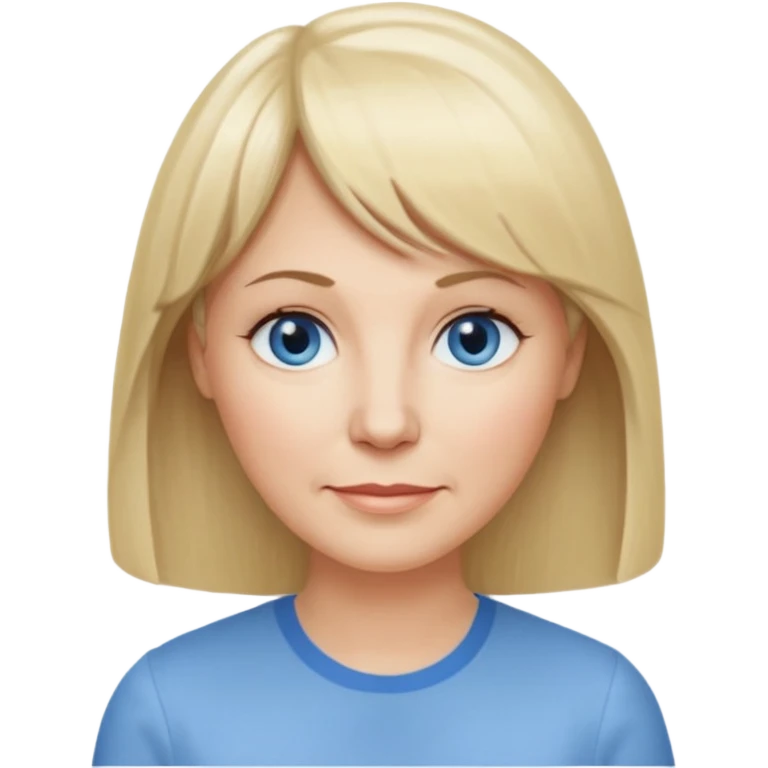 50 yr old white woman, center parted hair with bangs, very long straight blond hair, oval face, small smile, blue eyes, thin face, hair downback, hair parted at center of head, round cheeks, pale, longer hair, white shirt emoji