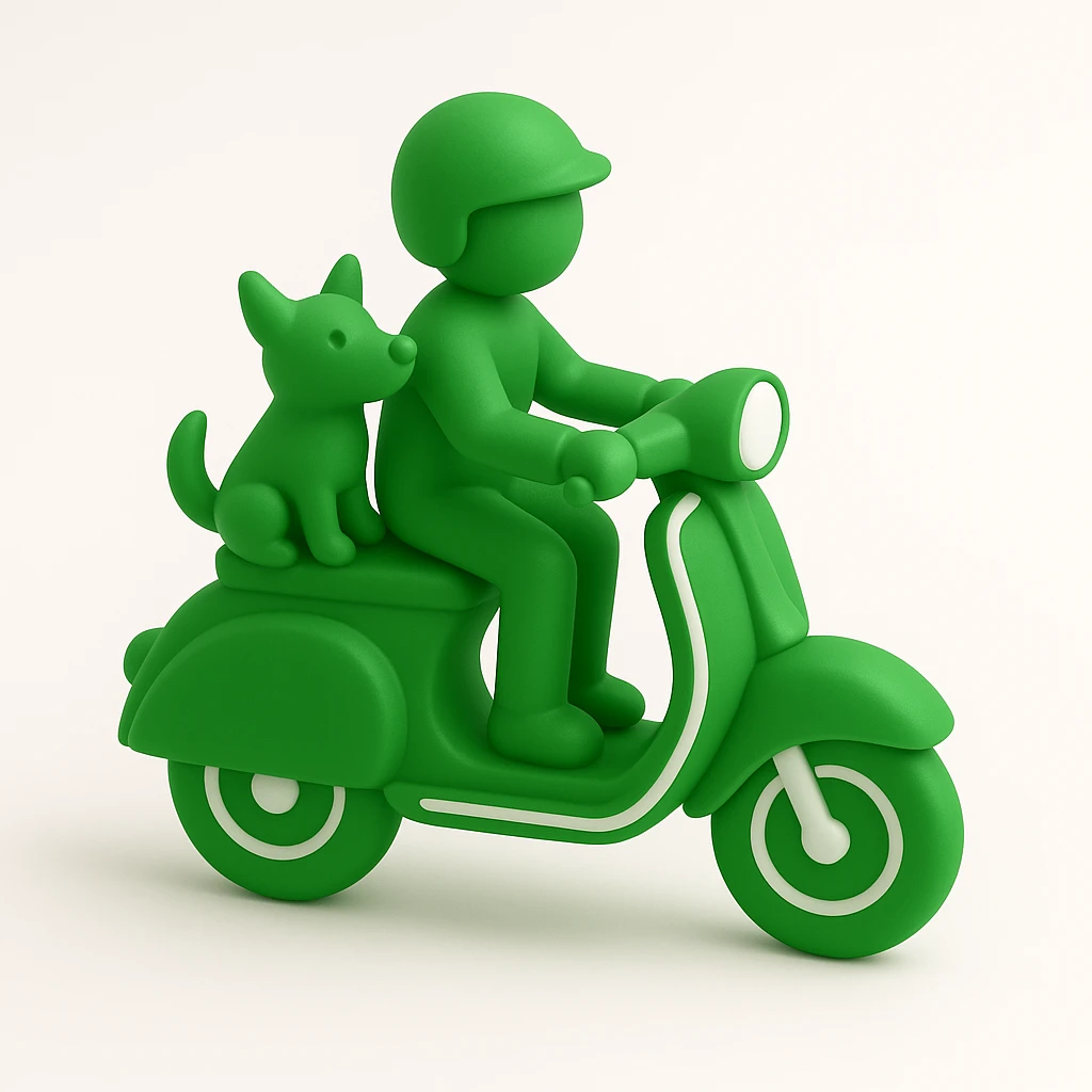 man and his pet dog riding a vespa emoji