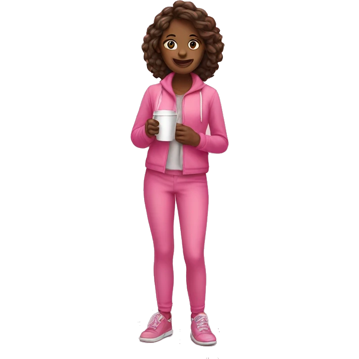 full-length girl in pink outfit with coffee in hands emoji