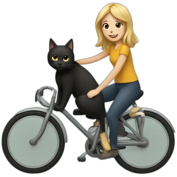 a black cat riding a bike with a girl with brown hair with blonde highlighted bangs emoji