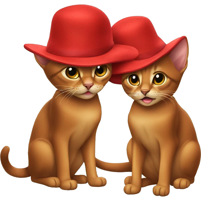 Two Abyssinian cats in big red hats playing with each other emoji