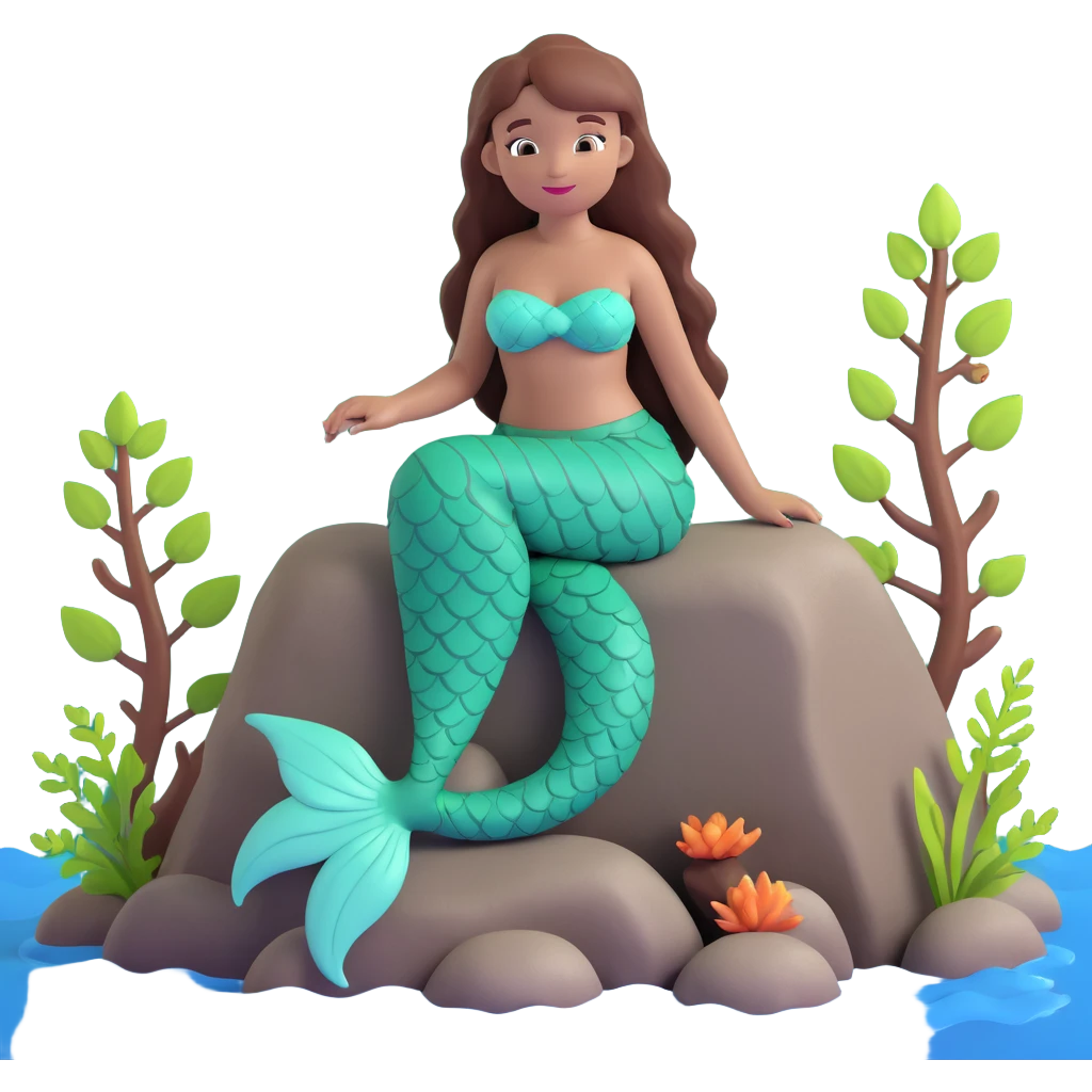 mermaid emoji with chestnut brown hair and a forest green tail, sitting on a rock emoji