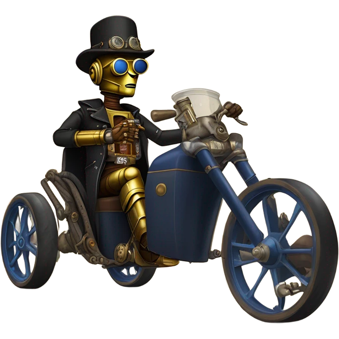 Old west Bounty hunter C-3PO Jedi wearing a pair of navy-blue rimmed steampunk goggles, hat, leather chaps, fringe jacket riding a relaxed 3 wheeler trike steampunk rat rod motorcycle with large fenders and saddlebags in desert town  emoji