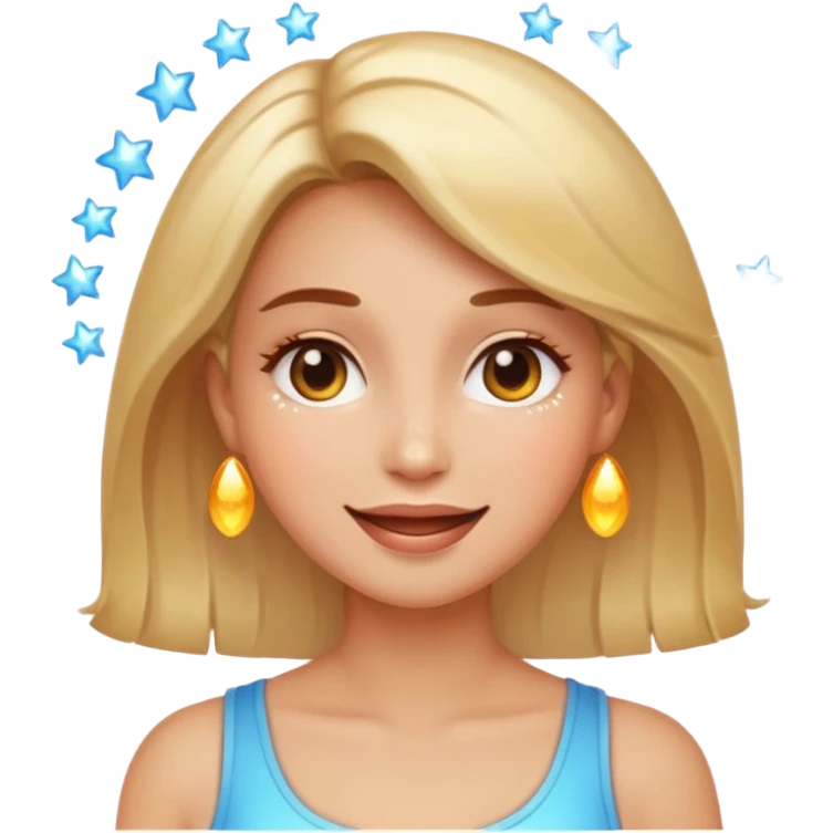 glowing woman face, natural skin, sparkles around, calm and healthy look, emoji style emoji