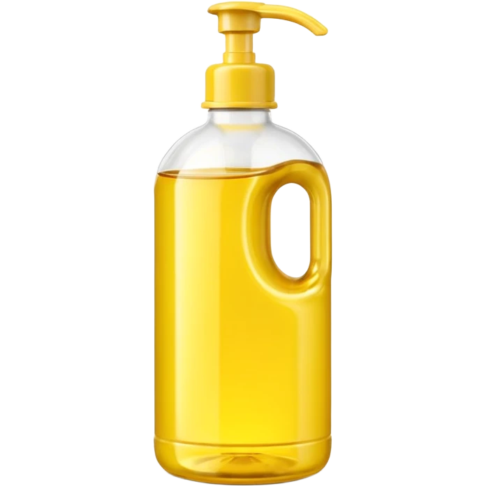 yellow plastic oil bottle, tall, rounded, molded lines, built-in handle, glossy, yellow cap, white neck, soft reflections, gentle shadows, no branding, no label, no food, no faces, clean 3D, soft shadows, transparent background, emoji scale emoji