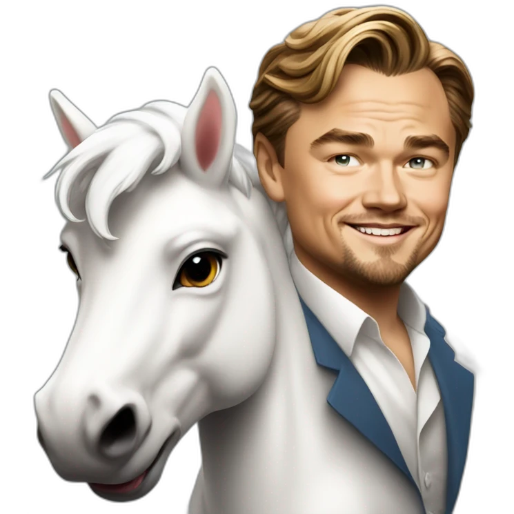 Leonardo DiCaprio smiling and riding a white unicorn as a rich billionaire emoji