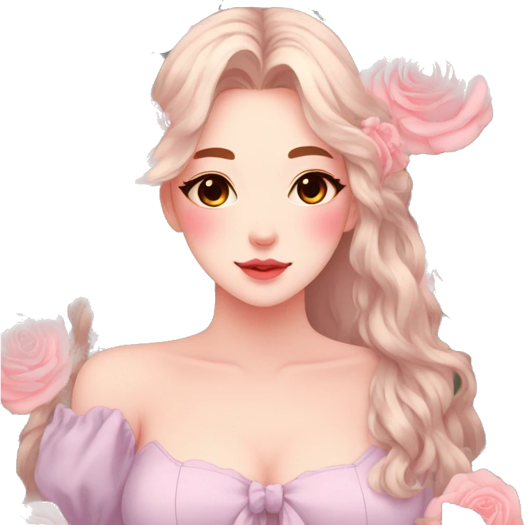 Gorgeous pastel anime style lady with blushing face and roses aesthetic trending style emoji