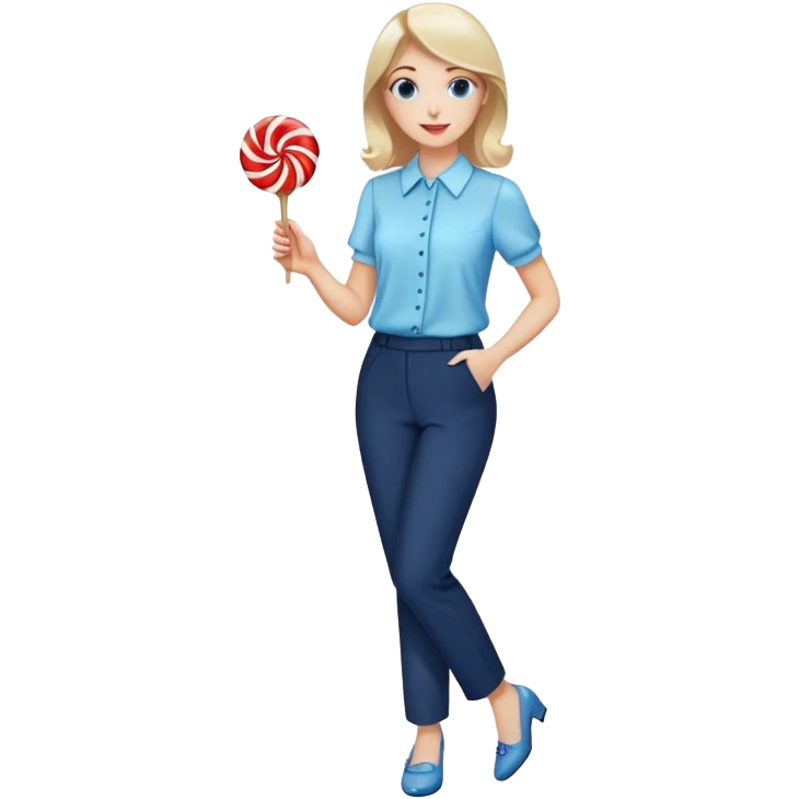 female smart light blue blouse, dark trousers, shoes. one hand holding a lolly emoji