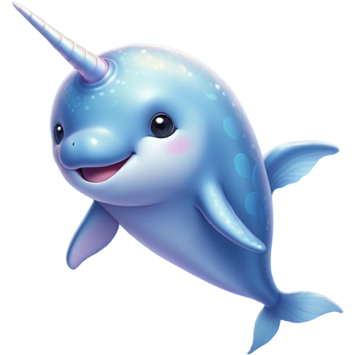 Cinematic Cute Cute Narwhal Portrait Emoji, Head tilted playfully and inquisitively, featuring a charming, sleek body with softly iridescent skin, a prominently spiraled tusk and large, twinkling eyes full of gentle wonder, Simplified yet irresistibly adorable features, highly detailed, glowing with a warm, inviting ocean glow, high shine, affectionate and lively, stylized with a touch of magical sea whimsy, soft glowing outline, capturing the essence of a mischievous yet endearing cute narwhal that seems as if it could frolic out of the screen into your heart! emoji