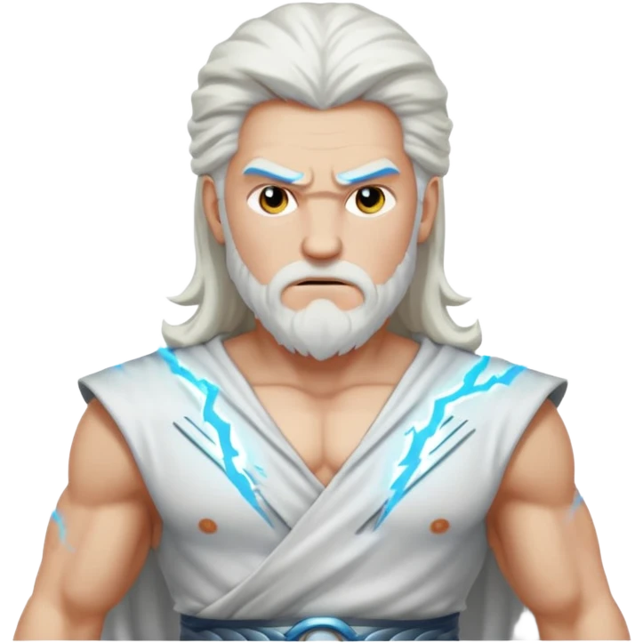Zeus, whole body, white clothes, long white  hair, lightnings, determined face emoji