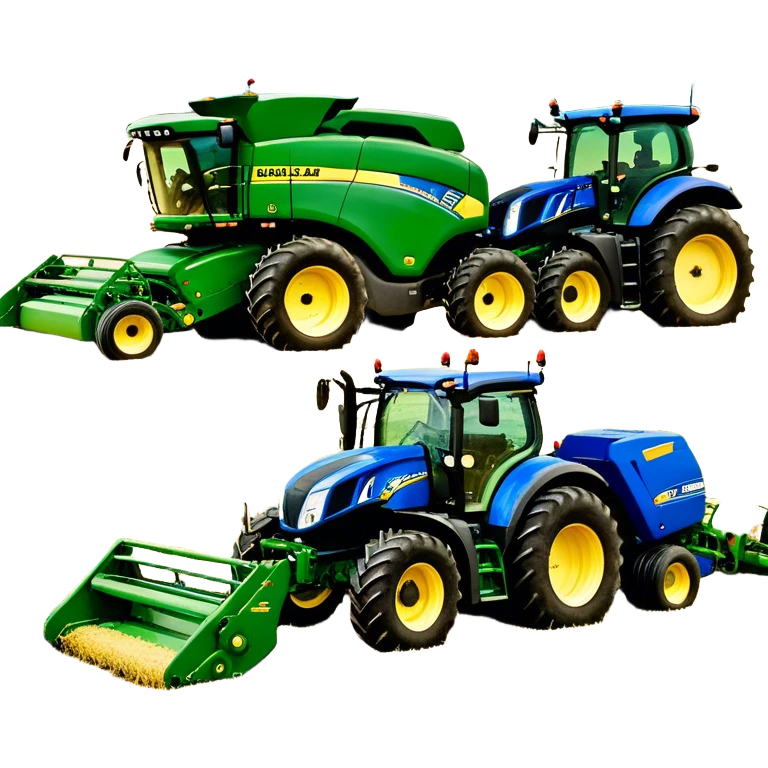 Baler – New Holland Roll-Belt 560 (2018) – Cinematic-realistic John Deere 6155M tractor towing a New Holland Roll-Belt 560 baler, its deep green body contrasting with the bright blue baler. The massive machine moves steadily through golden fields, compressing freshly cut hay into tight round bales, while dust swirls under the blazing afternoon sun. emoji