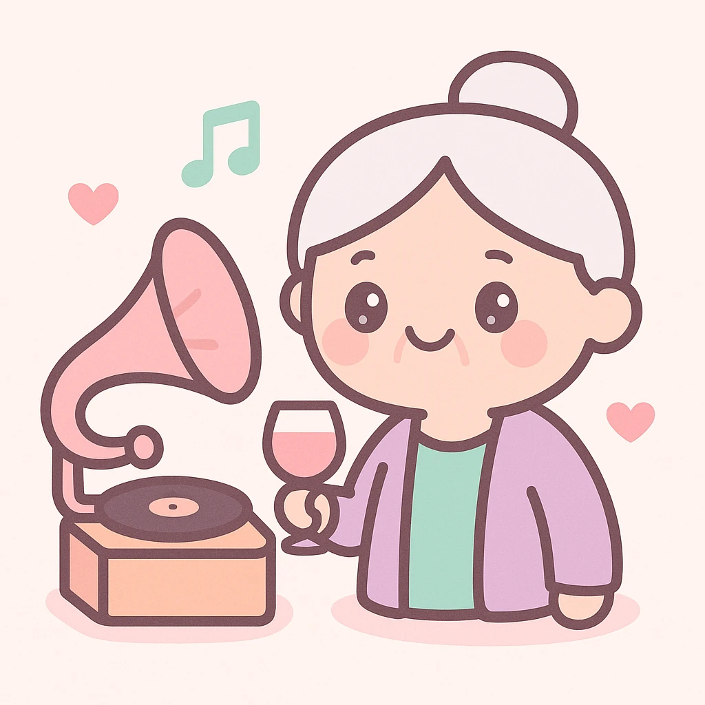 old lady with wineglass listening to gramophone emoji
