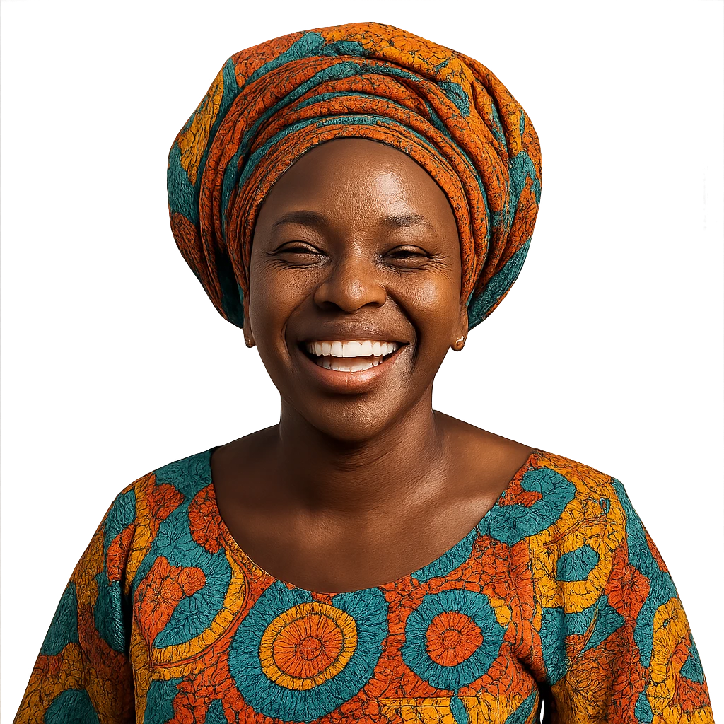 a Nigerian Black woman smiling with headwrap, colorful attire, joyful, clear background emoji