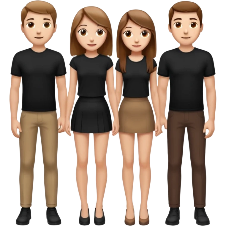 emoji of a girl with long, straight light brown hair, fair skin, soft brown eyes. Wearing a stylish black top and mini skirt. Full-height, standing confidently with shoulders back, head up, smiling proudly. Surrounded by 3men and one woman next to her, looking at her with admiration. emoji