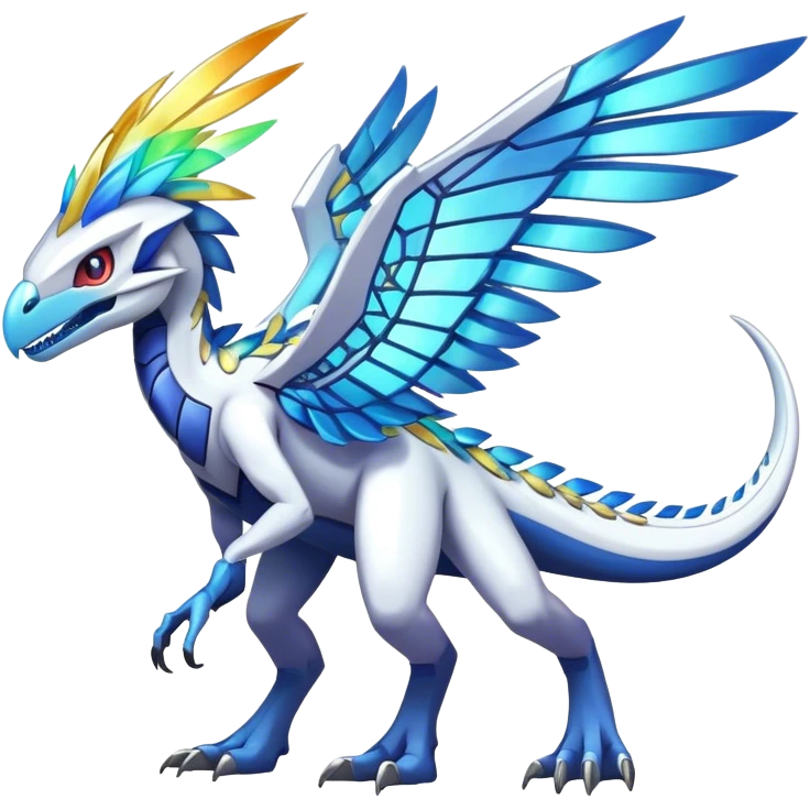 Shiny Futuristic Celestial Magical Ethereal Fakemon-HeadFeathers-Pokemon-Digimon-Spectrobes-Raptor-Dinosaur-fusion, full body emoji