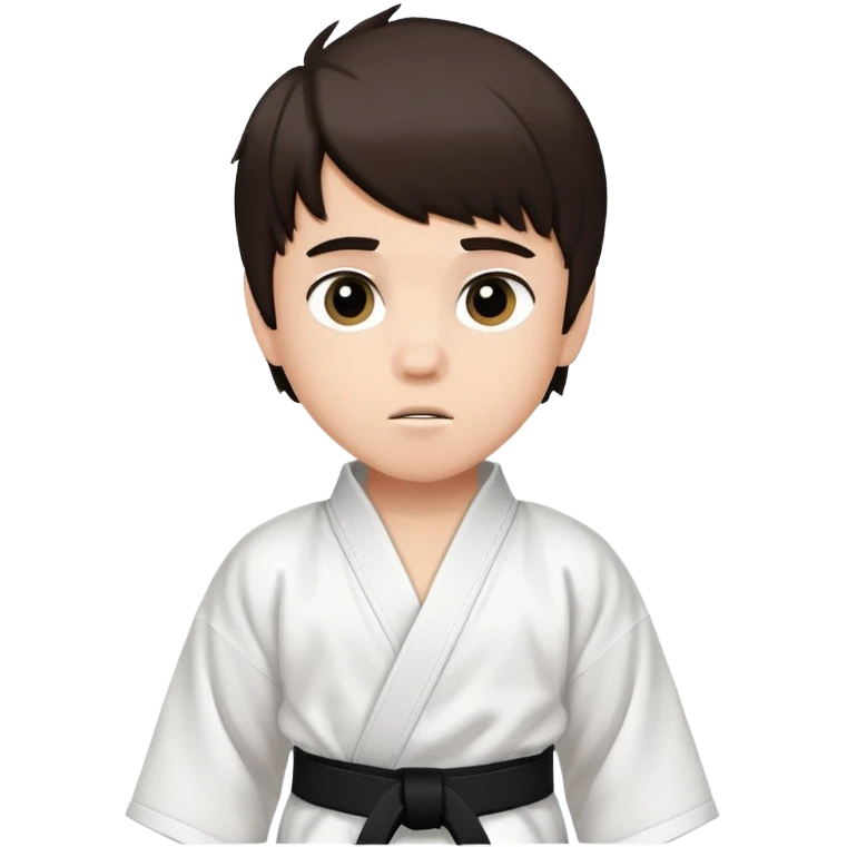 Emo 11 year old boy with white karate robe and black belt. With white skin and dark brown Justin Bieber hair. emoji