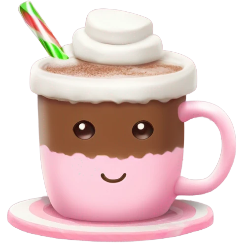 hot chocolate with marshmallows and little peppermint on the side with a light pink ribbon tied around hot chocolate cup emoji