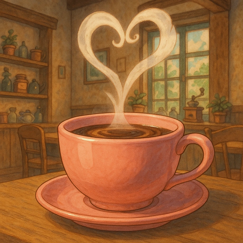 a pink mocha with steam forming a heart, cute and inviting, in Ghibli style emoji