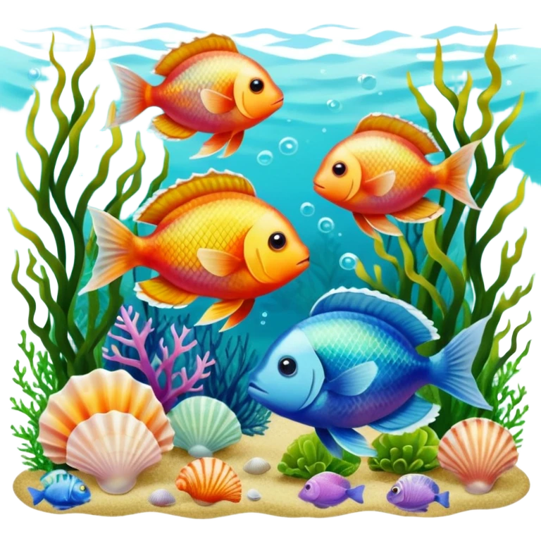Exotic fishes swimming among algae and seashells  emoji