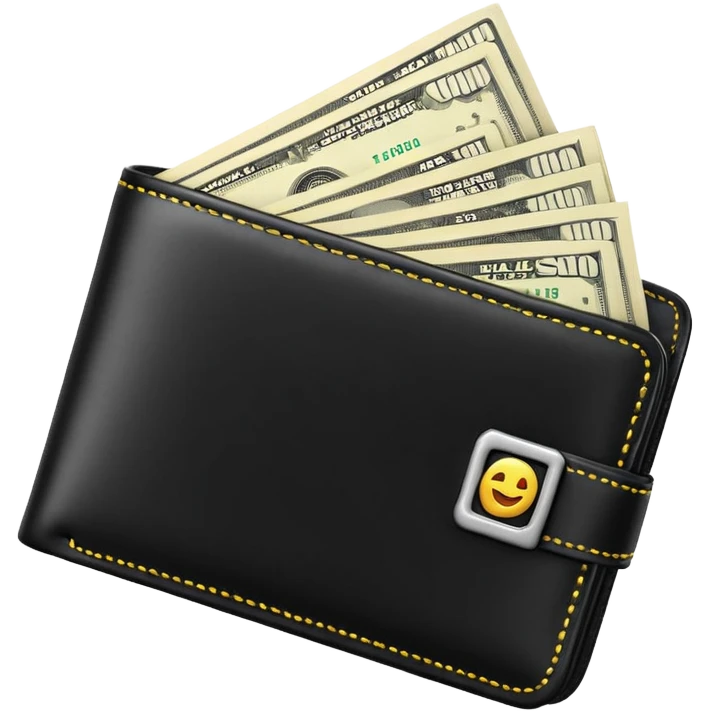 Rich emoji style black leather wallet with dollar bills, luxury money vibe, premium 3D emoji, ultra clean, high detail, no background
 emoji