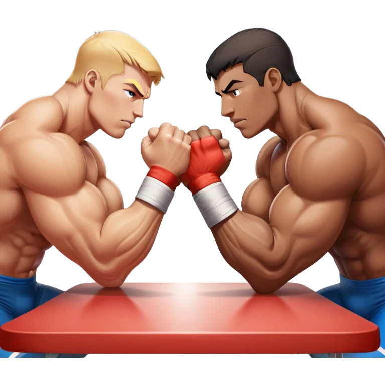 Two athletes engaged in an intense arm wrestling match, their muscles straining as they battle for dominance. The scene captures the powerful clash of strength, with close-ups on the hands locked in a firm grip, sweat glistening under bright lights. The background features a wrestling table. emoji
