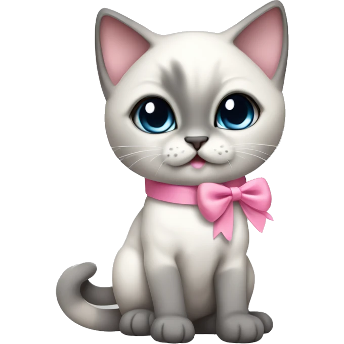 kawaii white and gray siamese kitten with pink bow full body emoji
