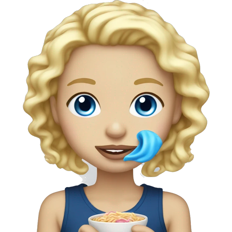 Blonde with light pink lips and blue eyes eating ramen emoji