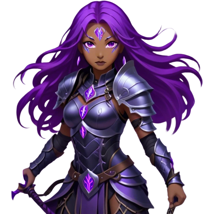 A mysterious warrior girl with long, flowing purple hair catching the dim light. Her glowing violet eyes stare forward, unwavering. She wears sleek black armor, adorned with silver runes that pulse faintly with hidden power. A dark mist swirls at her feet, hinting at the energy she commands. emoji