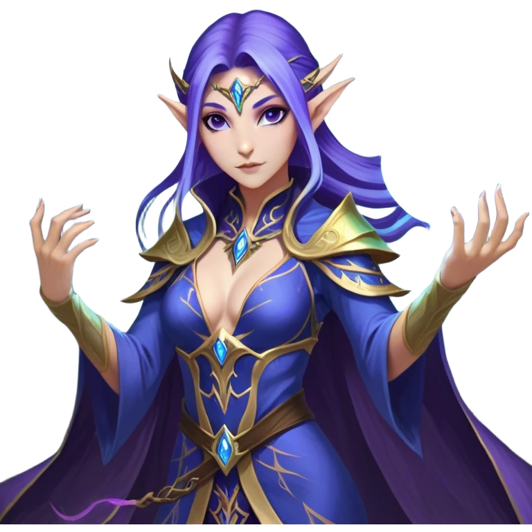 Cinematic Realistic WoW Elf Mage Portrait, captured in a dynamic, battle-ready stance, her graceful form exuding raw arcane energy. Her luminous skin and delicate features, set against an intricately detailed robe in consistent deep blues and purples with golden accents, are rendered with lifelike texture and dynamic, magical lighting, high shine, fierce and commanding, embodying the relentless spirit of an elven sorceress mid-spell. emoji