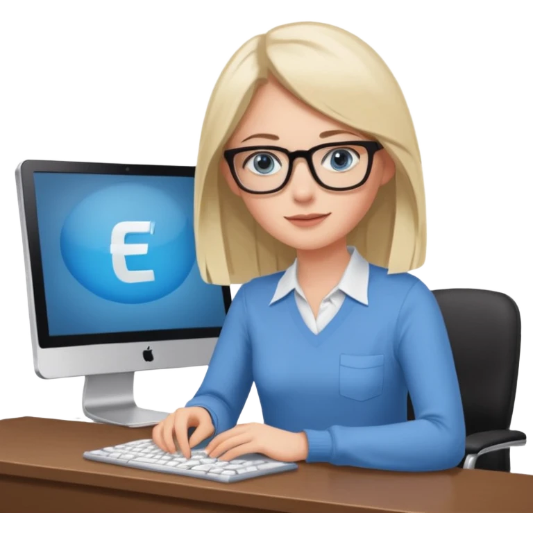 donna occhi azzurri con occhiali, capelli media lunghezza lisci, davanti al pc alla sua scrivania. è una grafica editoriale e redattrice emoji