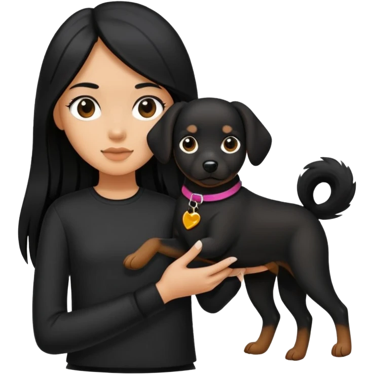 A girl with long black hair wearing black clothes holding a black dog in one hand emoji
