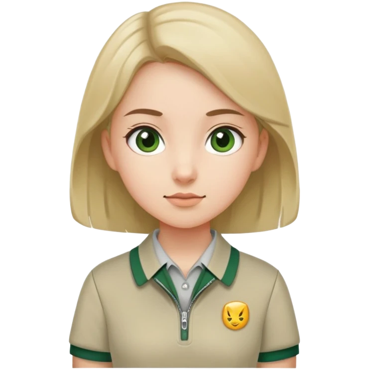 girl in a school uniform wearing a green polo, beige skirt, grey zipper jacket emoji