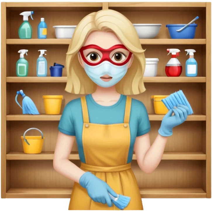 woman anxious cleaning a shelf and wearing a mask emoji