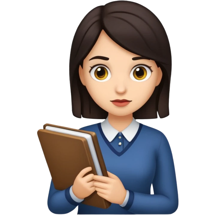 Pip from A Good Girl's Guide to Murder, emoji style, holding a notebook, dark hair, inquisitive look emoji