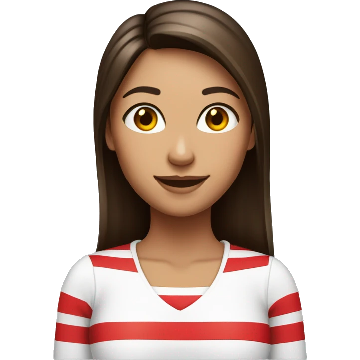 Portrait of an adult girl, tanned skin, dark long straight brown hair, dark eyes, smiling, wearing a white long sleeve with red horizontal stripes. emoji