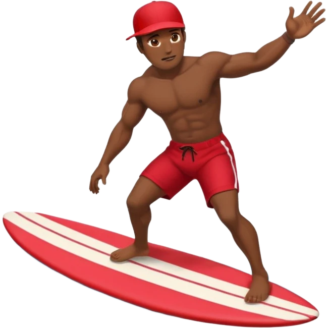 Dark, muscular man surfing wearing red shorts and a baseball cap Hawaii emoji