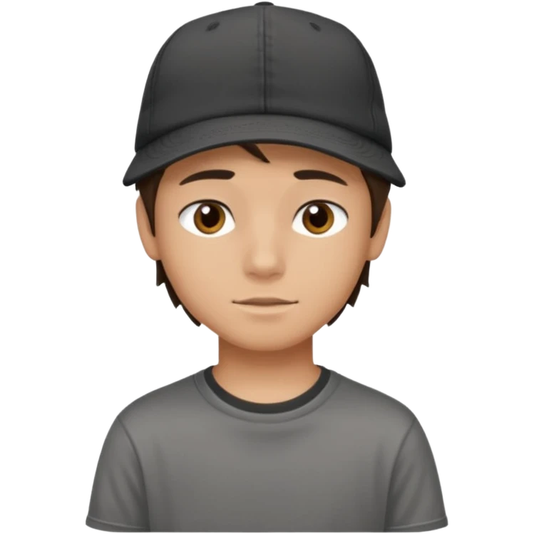 Create a teen boy wearing a faded black T-shirt. He will have brunette hair, tan skin, and dark brown eyes. He is wearing a gray hat turned backwards. emoji