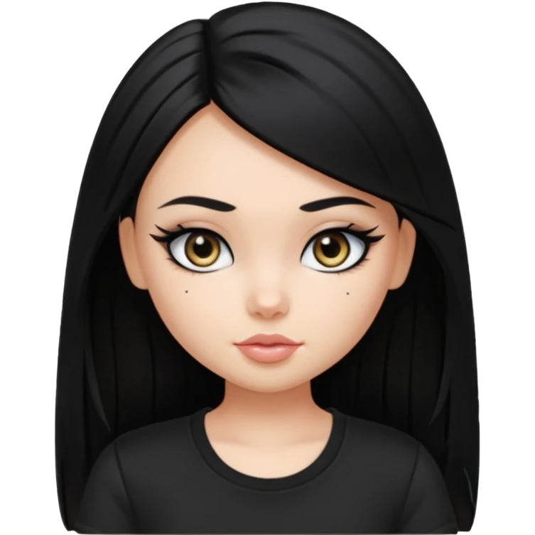a pretty bratz girl with straight black hair wearing a black tshirt, eyeliner emoji