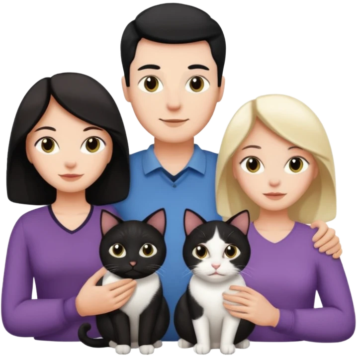 Una familia de 3 mujeres 1 hombre y 1 gato blanco con negro  emoji
