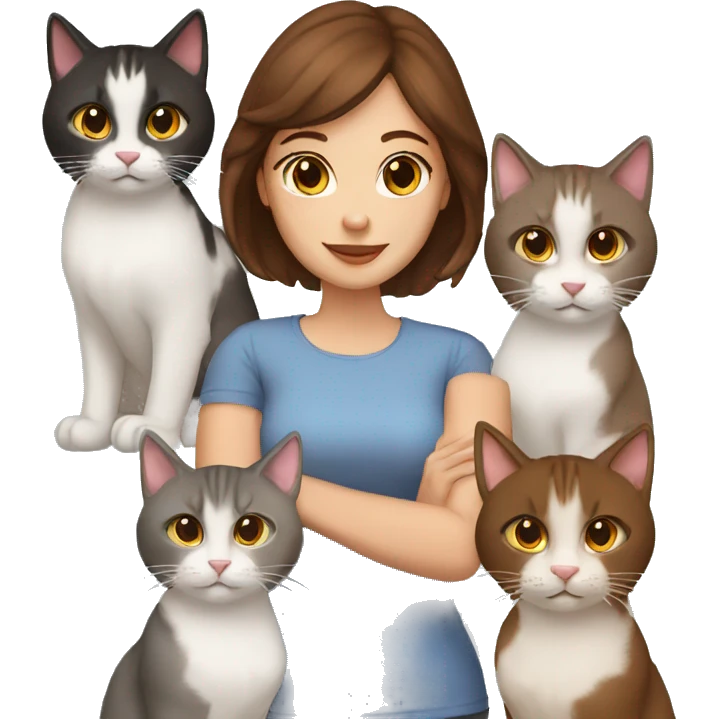 Woman with brown hair and brown eyes hold a five cats emoji