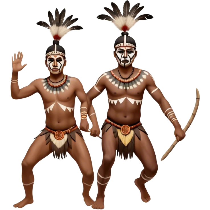 Cinematic Realistic scene of two indigenous male aboriginals performing an Aboriginal Corroboree, adorned in traditional body paint, captured in fluid motion with earthy tones and vibrant, cultural lighting emoji