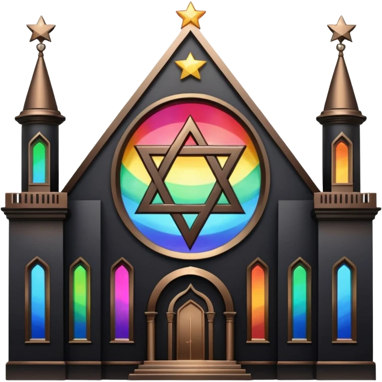 jewish synagogue temple in dark goth aesthetic style with black building and very light tint glass windows that are rainbow if looked at together. and star of david and celestial symbolism emoji