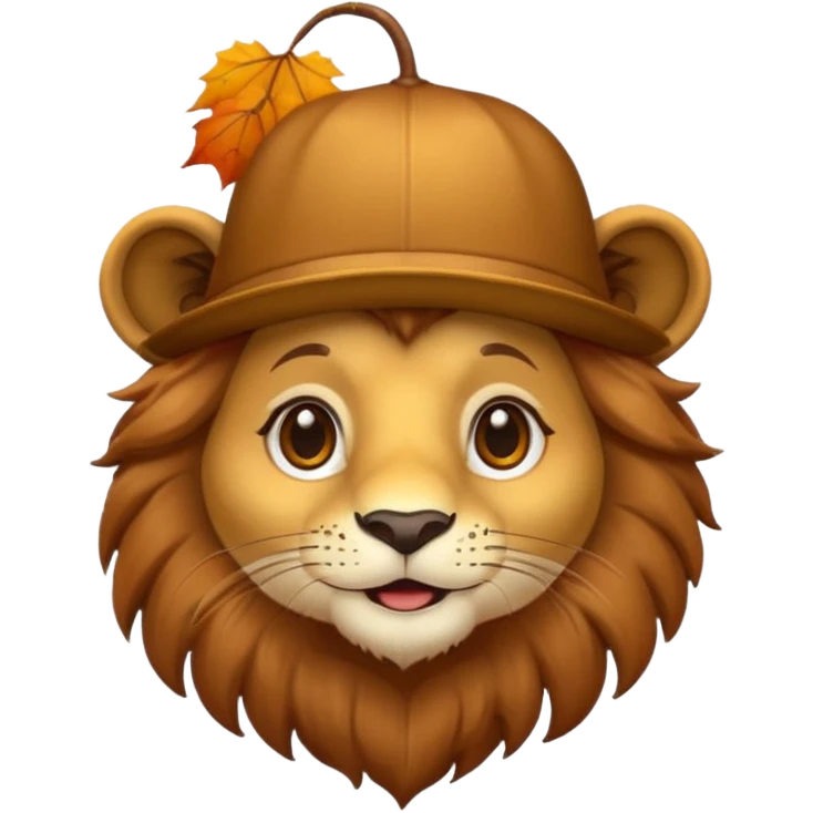 cartoon lion wearing a chestnut as a hat, big sparkling eyes, warm and friendly, autumn colors, emoji-style simplicity emoji