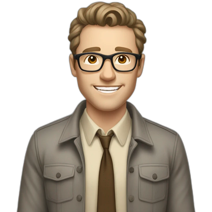 Joyful Pale skinned Fit Man With dark brown hair in gray jacket, beige office shirt, Brown pants and vintage glasses. His thrumbs up emoji
