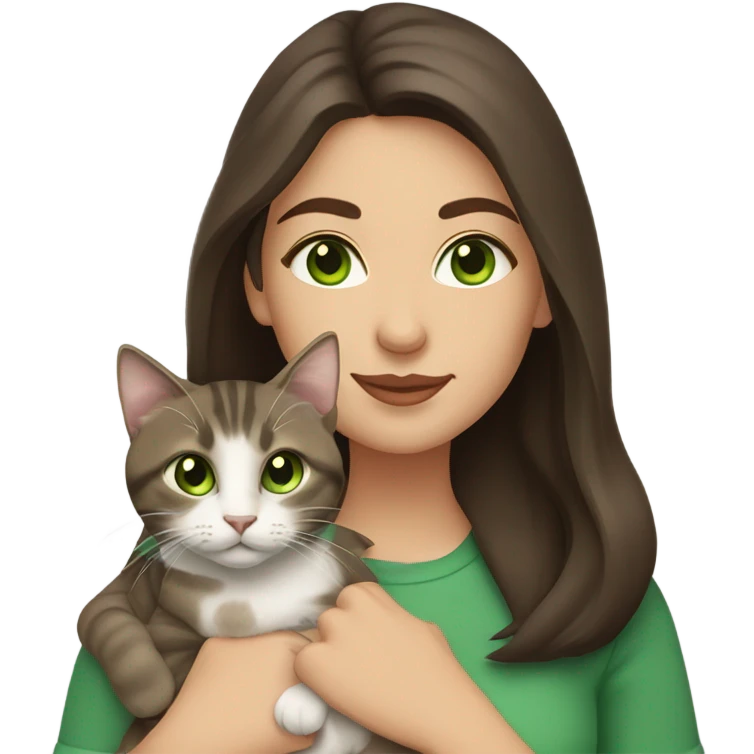 Caucasian woman with long dark brown hair and brown eyes holding a tabby cat with green eyes emoji