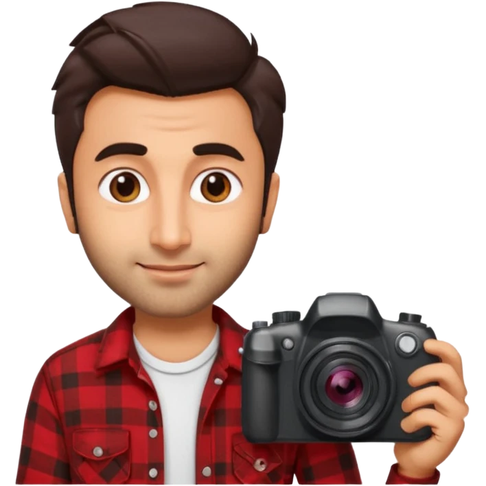 generate a pretty bratz emoji 
Make her look like Ranbir kapoor wearing a red flannel shirt,with white tee underneath. smirking and carrying a camera

he should look exactly  like ranbir kapoor!  emoji