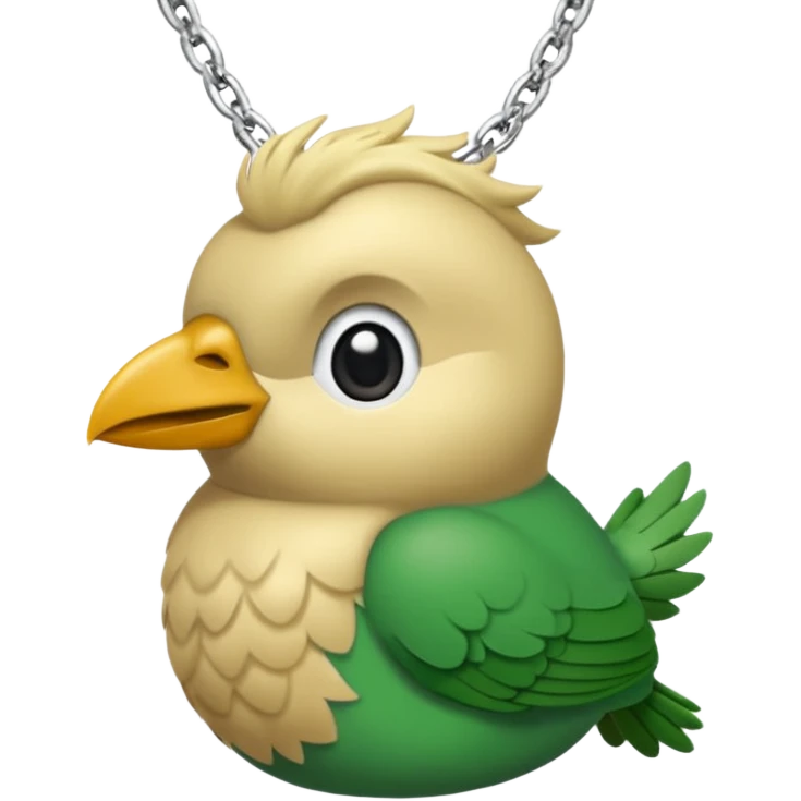 un oiseau classique tout vert avec un collier autour de son cou avec des breloque argentées et un seul poil blond qui fait une petite bouclette sur le front le collier est autour du coup de l’oiseau entre la tête et le corps emoji